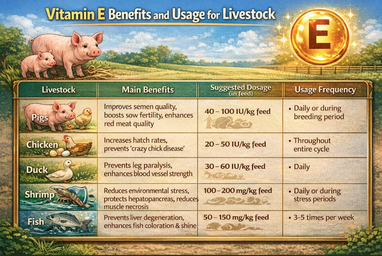 Liều lượng sử dụng vitamin E cho từng loại vật nuôi