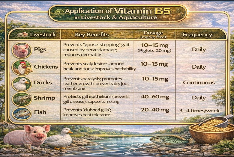 Liều lượng sử dụng vitamin B5 trên heo, gà, vịt, tôm và cá