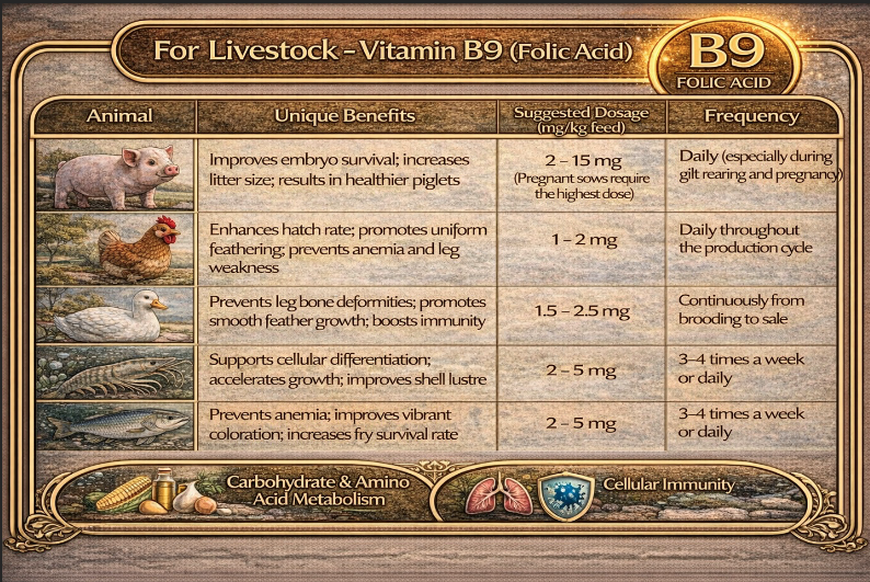 Liều lượng sử dụng vitamin B9 (Acid Folic) trên heo, gà, vịt, tôm và cá