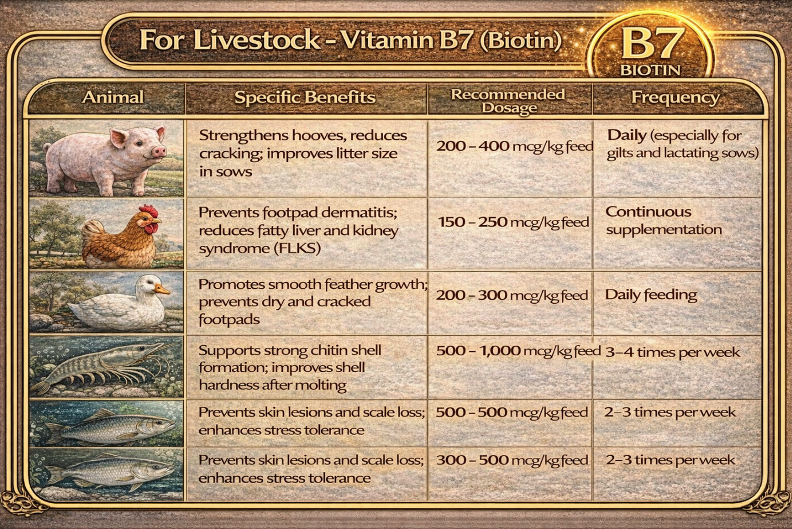 liều lượng sử dụng vitamin B7 trên tôm, heo, gà, vịt và cá